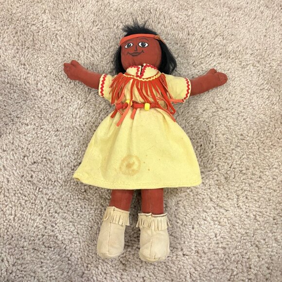 Handmade Native-Inspired Cloth Doll With Yellow Dress Fringe‎ Details - Picture 1 of 11